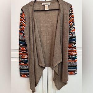 Flying Tomato Tan Cardigan with Tribal Multicolor Sleeves Size L